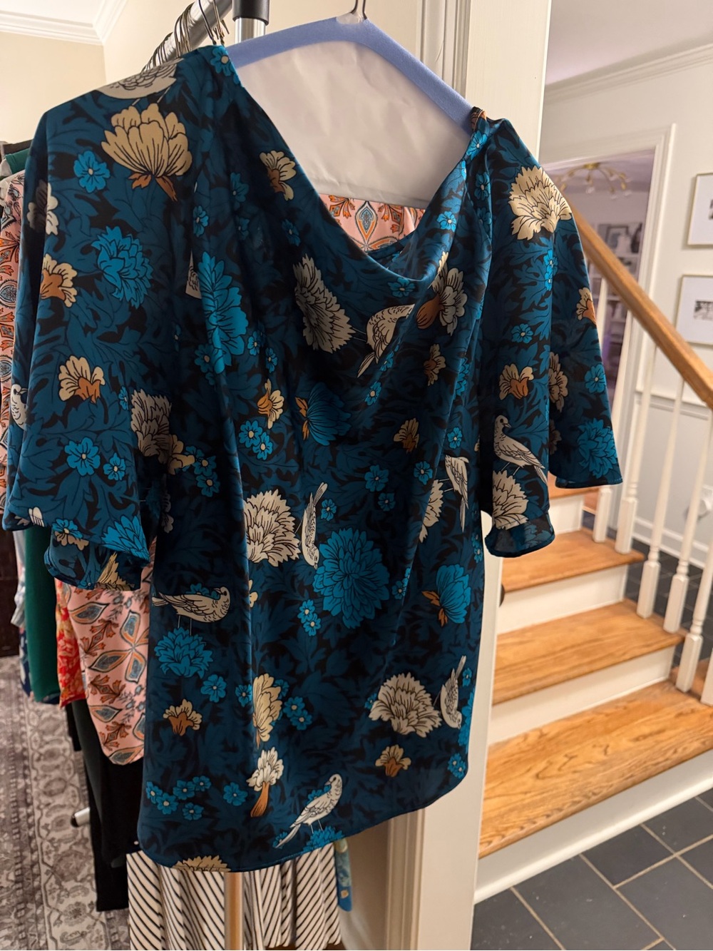 Ann Taylor Teal Floral Cowl Neck Blouse